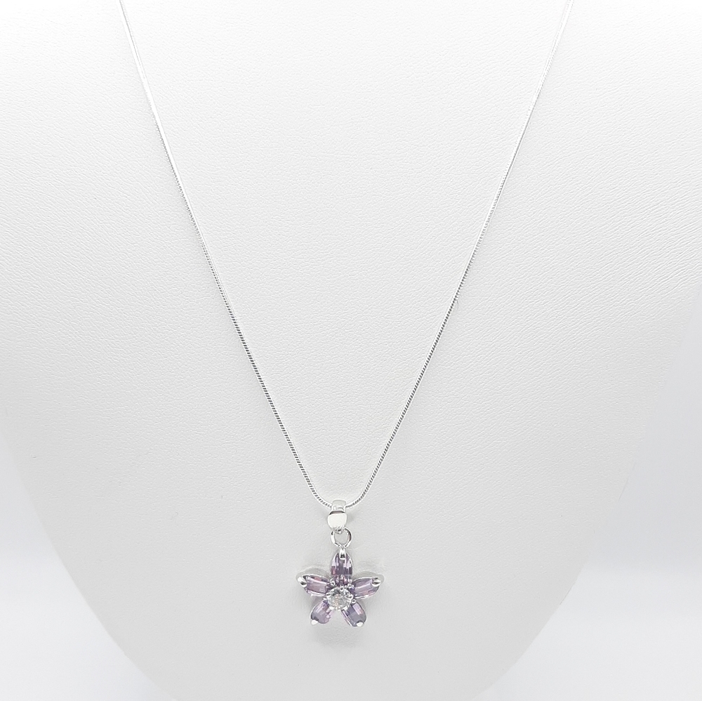 Amethyst Purple CZ Flower Pendant Necklace - Picture 3 of 6
